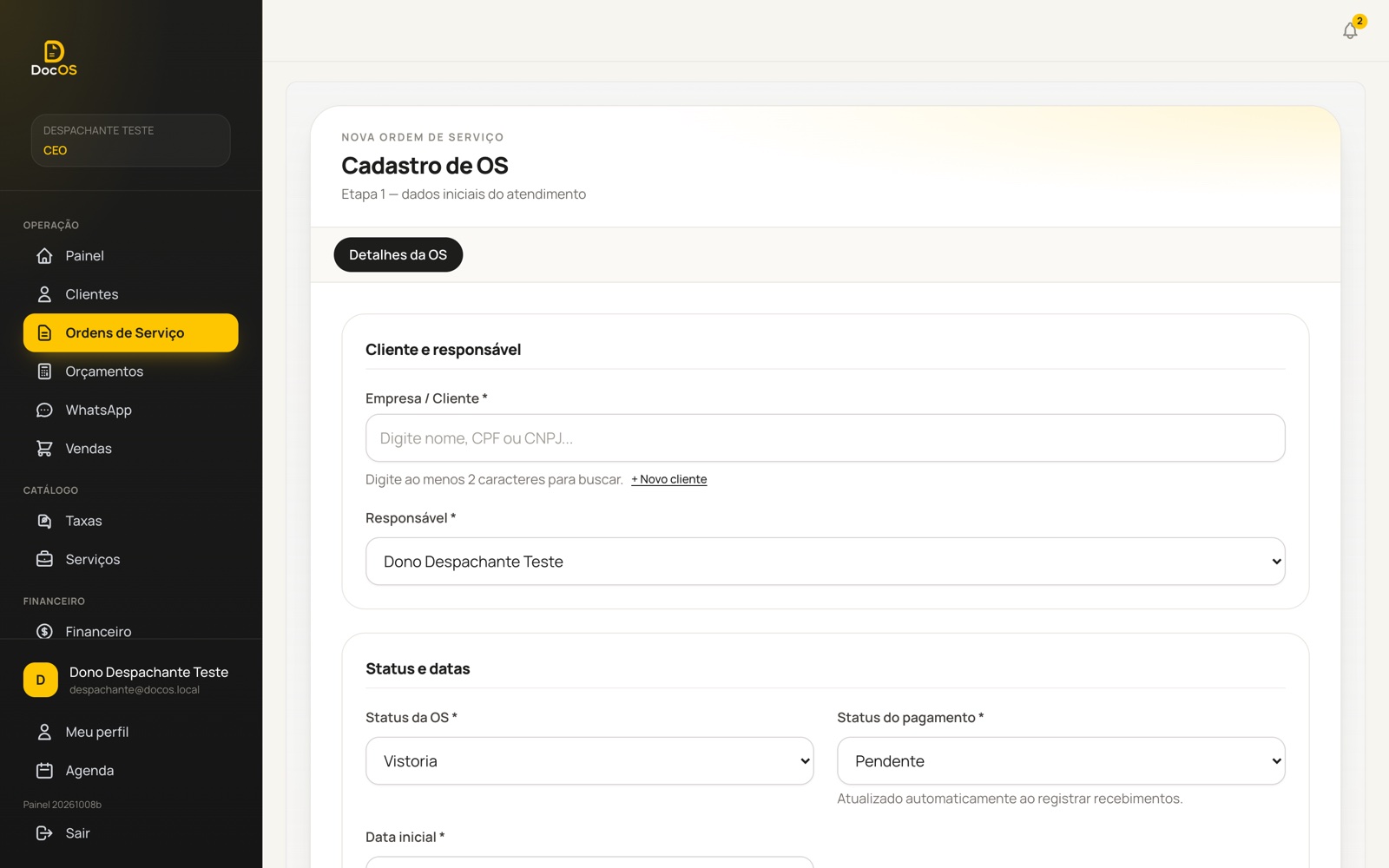 Tela real do DocOS: Atendimento de balcão